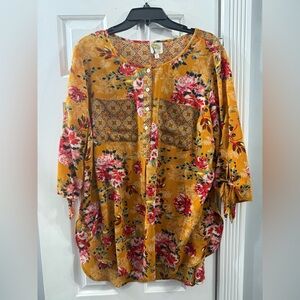 Fig and Flower Floral Boho Tunic Blouse Mustard Yellow 2X